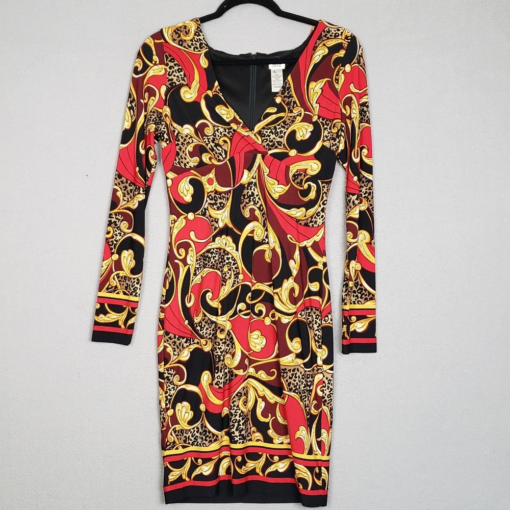 Cache Sz 2 Gold Red Cheetah Animal Sheath Dress Maximalist Regency Mob Wife Glam
